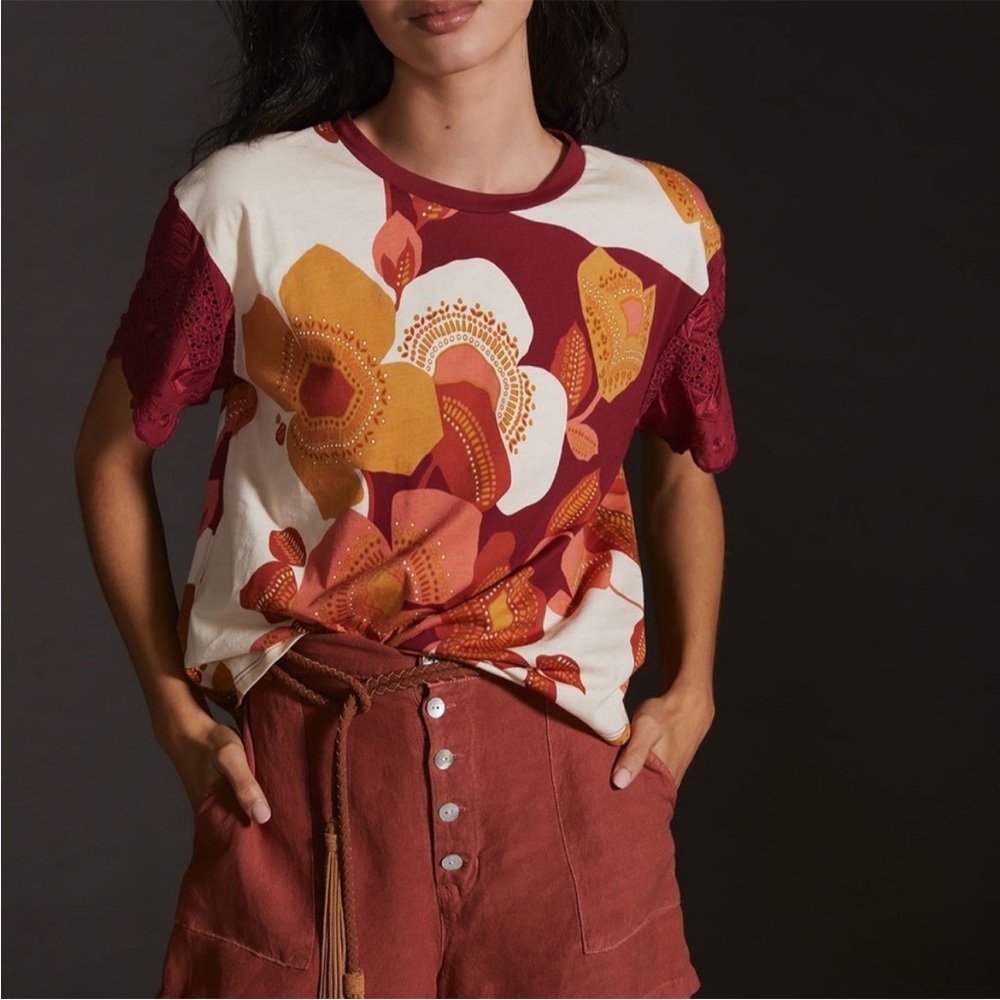 Anthropologie TINY Jeanine Eyelet Embroidered Floral Burgundy Top Small Tee